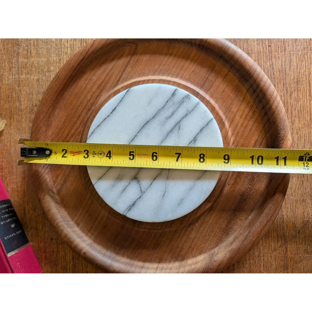 Vintage Good Wood Teak Cheese Board White Marble Inlay Serving Tray 11.5